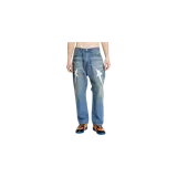 Jeans de denim celestes con lavado desgastado, de corte recto, con apliques de estrellas blancas en las piernas adornadas con cristales de colores.
