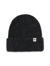 Gorro de lana tejido en punto acanalado, color negro, con diseño de puño enrollado y etiqueta con logo de la marca en el frente.
