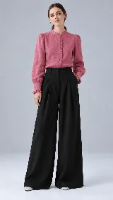 Blusa blanca de lino con cuello mao, mangas largas abullonadas, puños con volados y detalle de volado sutil en la cartera de botones frontal.
