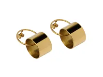 Aros colgantes de acero color dorado y rosa, con forma de aro y cilindro.