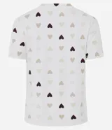 Blusa de pijama de manga corta con cuello redondo y corte regular, confeccionada en tejido peach touch con estampado de corazones pequeños en tonos neutros.