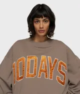 Suéter de béisbol de corte oversize, color marrón topo, con cuello redondo y puños acanalados. Presenta un gran logo "10DAYS" en el pecho con bordes satinados en color naranja quemado.