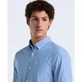 Camisa de manga larga de poplin con rayas verticales azules y blancas, con cuello abotonado y bolsillo en el pecho.