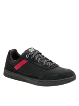 Championes Caterpillar modelo Pause, de diseño retro y minimalista. Confeccionados en cuero y lona, presentan una base negra con detalles en rojo y cordones jaspeados. Cuentan con suela de goma resistente y plantilla de espuma EVA.