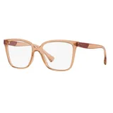 Armazón para lentes de acetato color nude, con forma cuadrada y varillas color borgoña con logo de la marca.