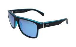 Lentes de sol unisex, marca Floats, con montura negra y detalles en azul. Lentes polarizados azules.