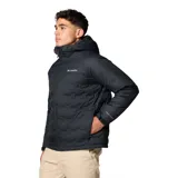Campera técnica con capucha, color negro, con tecnología de aislamiento térmico y construcción sin costuras. Cuenta con cierre frontal, bolsillos laterales con cremallera, puños ajustables y dobladillo con cordón.