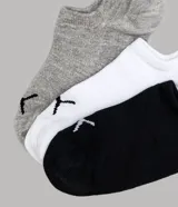 Kit de tres pares de medias Puma de caño bajo, en colores gris melange, blanco y negro, con logo de la marca en la puntera.