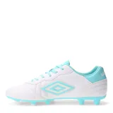 Championes de fútbol Umbro modelo Touch FG, color blanco total. Presentan un diseño clásico con costuras reforzadas en la puntera para mayor control del balón, el logo de la marca en relieve en el lateral y suela con tacos diseñados para césped natural.