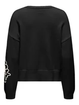 Sweater tejido de color beige con cuello redondo, mangas largas y detalles de bordado floral en negro.