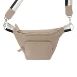 Riñonera color beige de cuero sintético, con correa de algodón regulable con rayas blancas, negras y beige. Tiene dos compartimentos con cierre.