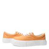 Championes de lona color naranja con plataforma blanca acanalada y cordones blancos.