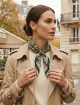 Pañuelo cuadrado de satén con estampado de arabescos en tonos blanco y azul.