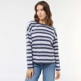 Camiseta de manga larga con diseño de rayas horizontales en tonos azul marino, blanco y rosado, confeccionada en algodón con cuello redondo.