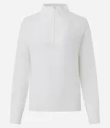 Suéter femenino de punto color blanco, con cuello alto y cierre frontal parcial con cremallera. Presenta un diseño básico de manga larga con puños y ruedo acanalados.
