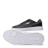 Championes Puma modelo Court Lally Feline, color negro con suela blanca y franja lateral con estampado animal print.
