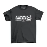 Remera de algodón color gris oscuro con estampa frontal en color blanco que incluye la frase 'Without music life would be a mistake' y un diseño gráfico de un disco con lentes de sol.