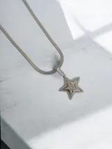 Collar de cadena tipo serpiente con dije de estrella pavé, elaborado en acero quirúrgico con acabado plateado.
