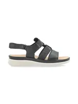 Sandalia cangrejera de suela anatómica y liviana, diseñada en colaboración con Relaxshoe. Cuenta con capellada que combina cuero y elástico con sutil detalle de glitter en las tiras superiores, tira trasera con ajuste de velcro, y plantilla y forro de cuero.