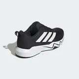 Championes de entrenamiento Adidas Rapidmove Go, color negro con las tres tiras laterales en blanco y suela con tecnología Lightmotion. Presentan un diseño ligero y flexible con exterior textil, ideales para actividades de alta intensidad.
