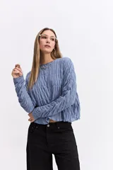 Blusa de manga larga con textura fruncida en toda la prenda, cuello redondo y corte relajado.