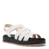 Sandalias de plataforma tipo jaula con tiras anchas de material sintético en color blanco hueso, cierre de velcro en el tobillo y suela de goma negra con base color caramelo.