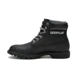 Bota de cuero negra con cordones bicolores, cuello acolchado y suela de goma dentada de alta tracción. Presenta el logo de la marca en el lateral y en la lengüeta.