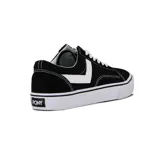 Championes Pony de estilo casual, confeccionados en una combinación de lona y gamuza color negro. Presentan el icónico logo de la marca en blanco en los laterales, cordones blancos y suela de goma blanca con una línea negra decorativa.