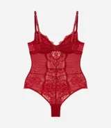 Body de encaje floral color rojo, sin tazas y con breteles ajustables.