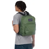Mochila JanSport Superbreak color verde oliva con logo rectangular de la marca en azul y rojo.