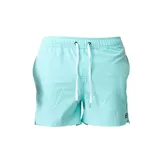 Short de baño Billabong de color turquesa, con cintura elástica y cordón ajustable blanco. Presenta bolsillos laterales y una pequeña etiqueta con el logo de la marca en el borde inferior izquierdo.