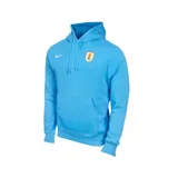 Hoodie Nike celeste con capucha y bolsillo canguro frontal. Presenta el logo de Nike en blanco en el pecho izquierdo y el escudo de la Asociación Uruguaya de Fútbol (AUF) en el lado derecho.