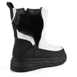 Bota de caña media color beige, con cierre lateral y plataforma track color negro.