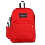 Mochila JanSport SuperBreak Plus roja con funda interna para laptop de 15 pulgadas, bolsillo lateral para botella de agua, panel trasero acolchado, un compartimento principal grande, bolsillo frontal con organizador y llavero, asa de transporte y tirantes acolchados.