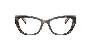 Armazón de lentes Prada modelo 19W, con diseño cat-eye en color carey con detalles rosados en el interior de las varillas.