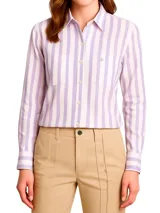 Camisa de manga larga a rayas verticales azules y blancas, confeccionada en algodón.