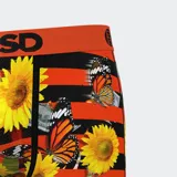 Calzoncillos bóxer de microfibra con estampado de girasoles, mariposas monarca y billetes de dólar en llamas. Cintura elástica naranja con logo PSD en negro.