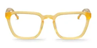 Armazón para lentes de acetato color amarillo traslúcido, de forma cuadrada con bordes redondeados.