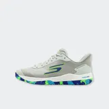 Championes Skechers Viper Court Pro 2.0 en color gris con detalles en azul y verde flúor, diseñados para deportes en cancha con suela de goma multicolor y amortiguación avanzada.