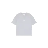 Remera gris melange de corte oversize, con cuello redondo y pequeño logo bordado en el centro del pecho.