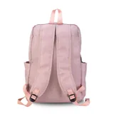 Mochila de gran capacidad color beige, confeccionada en nylon. Cuenta con múltiples compartimentos frontales con cierre y hebillas ajustables, bolsillos laterales y correas acolchadas para mayor comodidad.