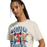 Remera de cuello redondo y manga corta en color blanco crema. Presenta un estampado gráfico central con la colaboración entre Adidas y Farm Rio, incluyendo el número 3, tucanes y motivos tropicales en colores vibrantes.