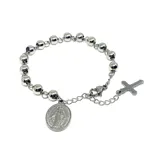 Pulsera rosario de mano hecha de acero con cuentas esféricas, medalla colgante con relieve y dije de cruz.