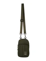 Bandolera color verde militar, con correa regulable y desmontable, doble compartimento con cierre, espacio principal y bolsillo frontal.