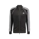 Campera deportiva Adidas Originals color negro, con cierre frontal, cuello alto, puños y cintura acanalados. Presenta las icónicas tres tiras blancas en las mangas y el logo del trébol bordado en el pecho.