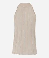 Blusa sin mangas color beige, confeccionada en tejido de punto acanalado con hilo metalizado, escote alto y corte ajustado.