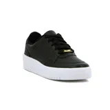 Championes casuales Vizzano de mujer, color negro con suela alta blanca y detalle de placa metálica dorada en los cordones.