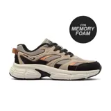 Championes deportivos Hi-Tec modelo Elian, con diseño de paneles en tonos beige, negro y detalles en naranja. Presenta una suela robusta de goma blanca con tecnología memory foam para mayor confort.