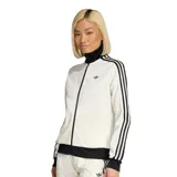 Campera deportiva Adidas de cuello alto, color blanco con detalles en negro. Presenta cierre frontal, las icónicas tres tiras en las mangas y el logo del trébol bordado en el pecho.