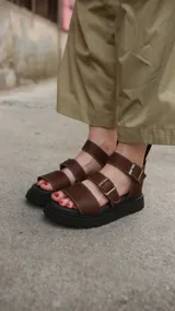 Sandalias de cuero marrón con plataforma y hebillas doradas.